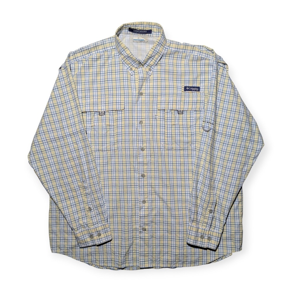Columbia PFG Fishing Shirt Yellow Blue Size Large – Vented Back, Breathable Mesh